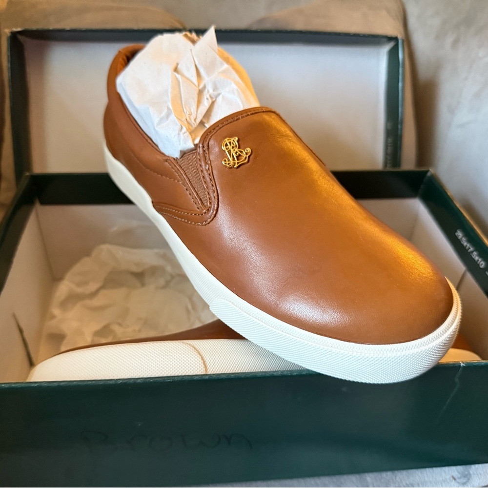 Ralph Lauren Tan Leather Slip-On Sneakers with Gold Monogram